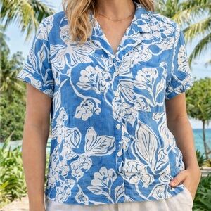 ana a new approach Womens Linen Blend Floral Button Down Shirt Blue White Medium